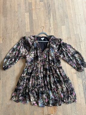 Lucy Paris Black Floral Tiered Dress with Pink and Green Accents